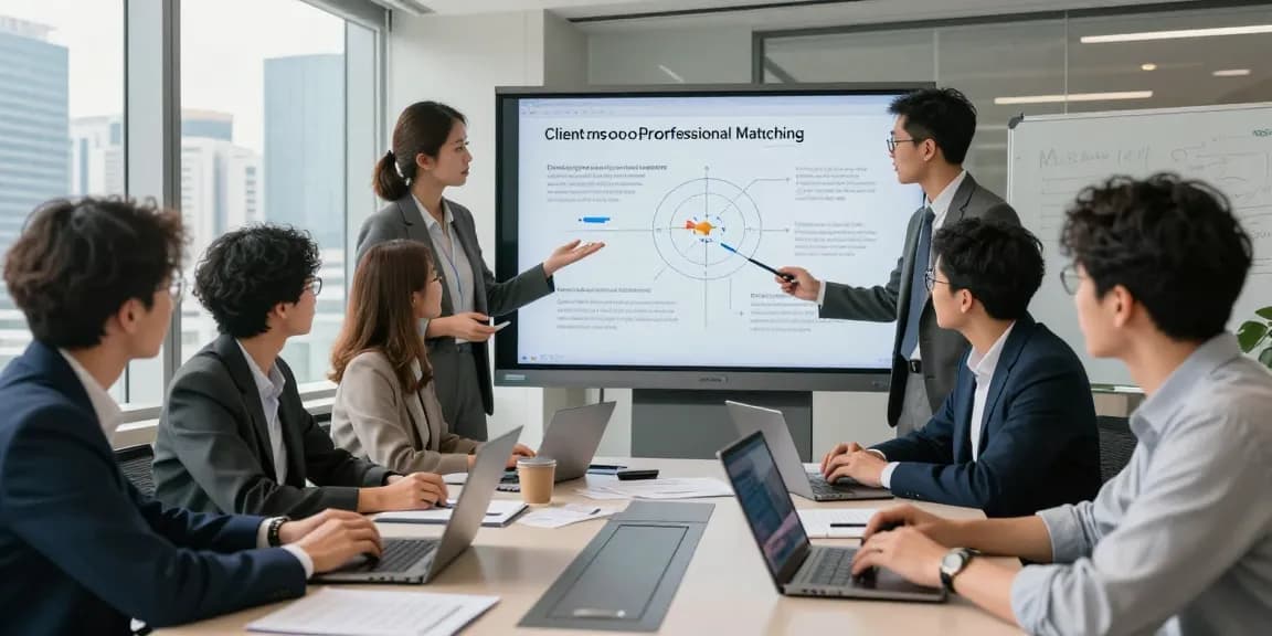 Collaboration scene showcasing professionals using sifu24.com.hk for client-to-professional matching in a vibrant Hong Kong office.