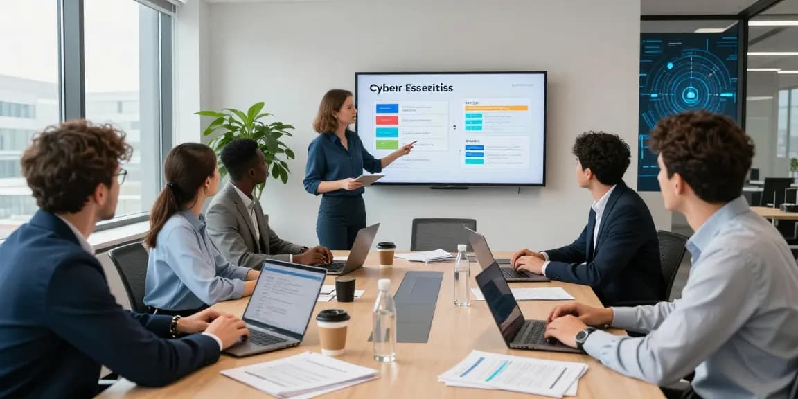 Team strategizing how to get cyber essentials certified in a modern office.