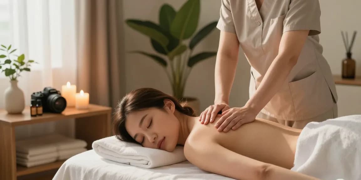 서초출장안마 마사지 중인 여성의 편안한 모습, 아로마 오일 사용, 아늑한 공간에서의 힐링 분위기