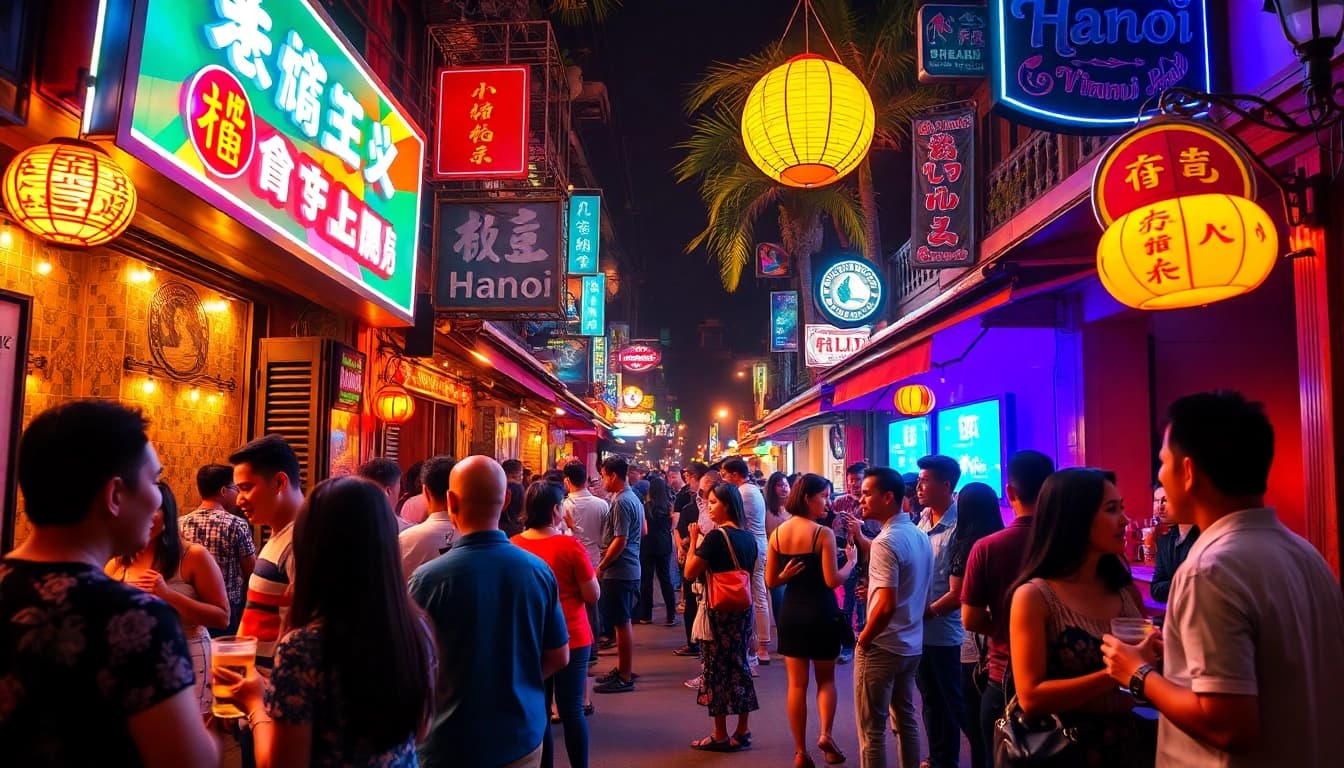 Experience 하노이밤문화 with friends in a vibrant bar scene filled with neon lights and lively atmosphere.