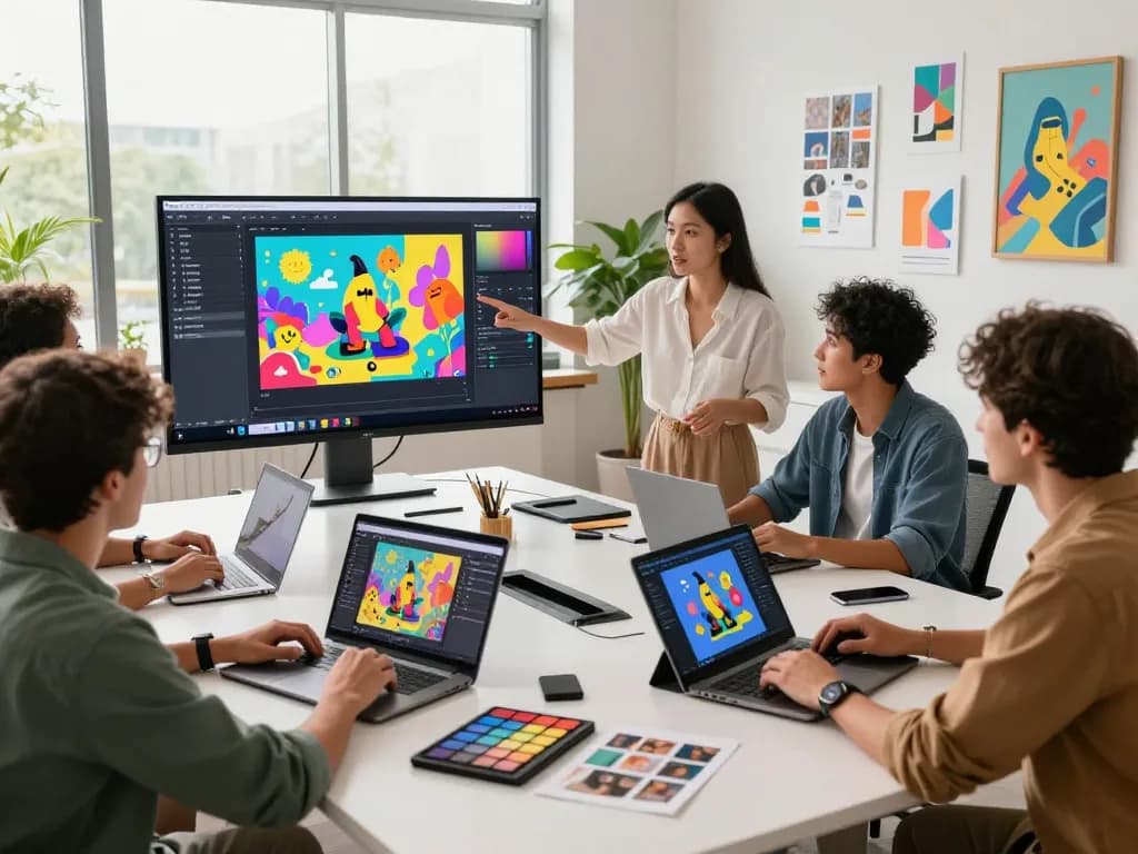 Creative team using nano banana 2 for AI-generated image editing in a bright digital workspace.
