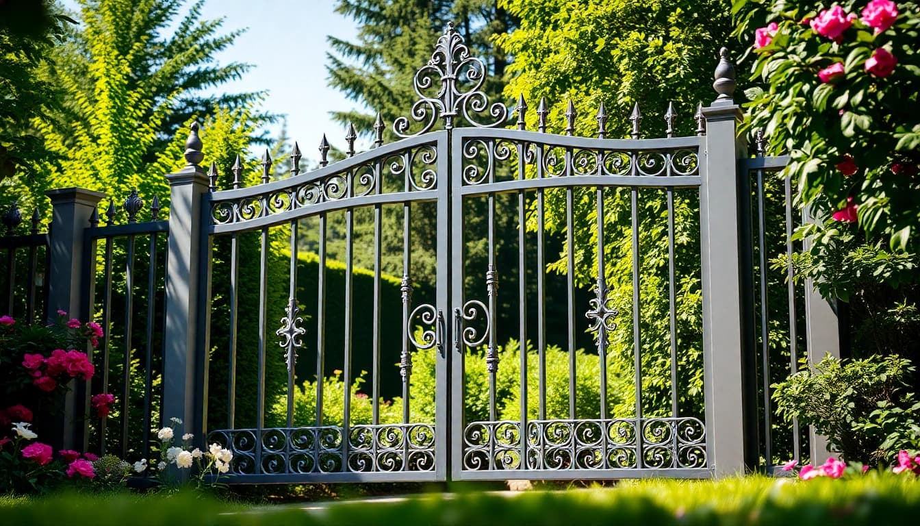 Admire custom steel gates with intricate designs standing elegantly in a vibrant garden.