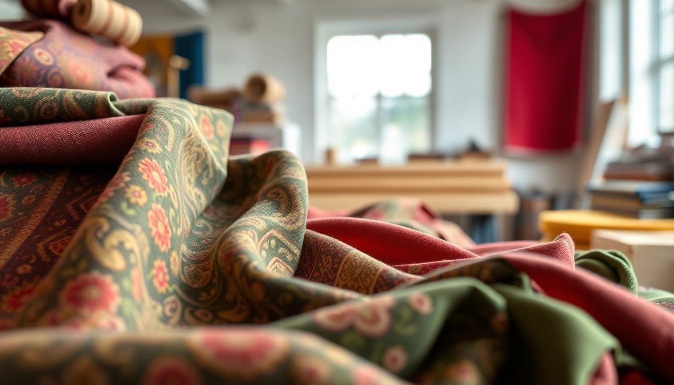 Bekijk unieke brabantse bont stoffen in een aantrekkelijke opstelling van textielmonsters.
