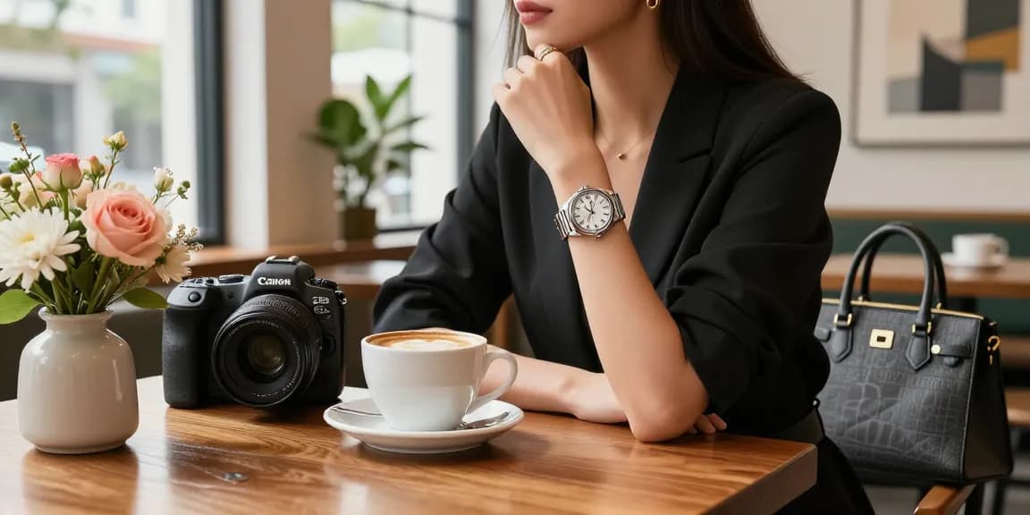 Stylish individual showcasing a replica watch in an upscale café setting, highlighting luxury and sophistication.