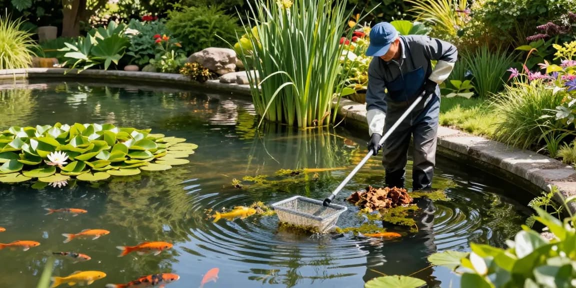 Pond Clean Sussex showcased by a professional cleaner maintaining a vibrant garden pond, ensuring clarity and health.