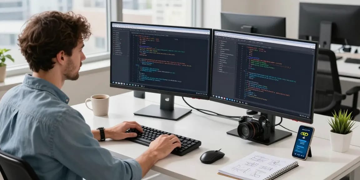 Developer coding on Telegram interface in a modern workspace, highlighting 纸飞机中文版 features.