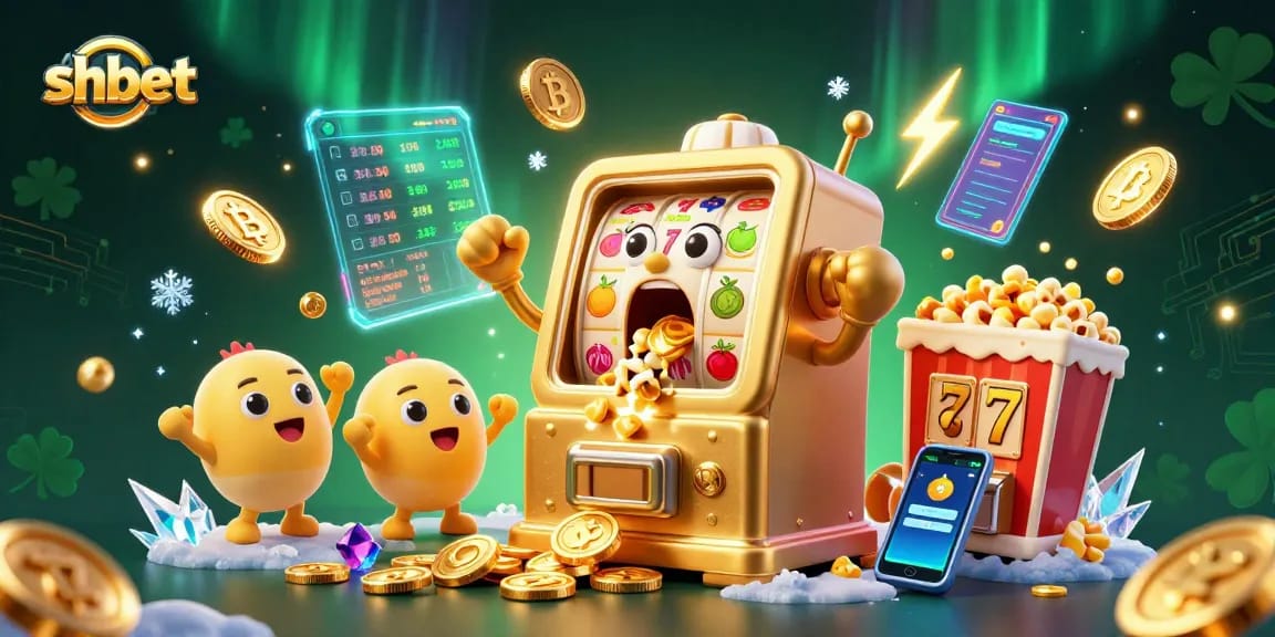 Spin the reels with SHBET's vibrant casino scene featuring slot machines and exciting gaming elements.