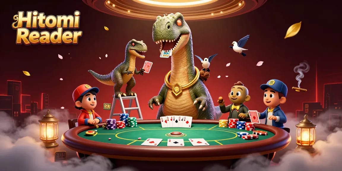 Hitomi Reader showcases a hilarious 3D scene of characters in a casino atmosphere with dynamic poker action.