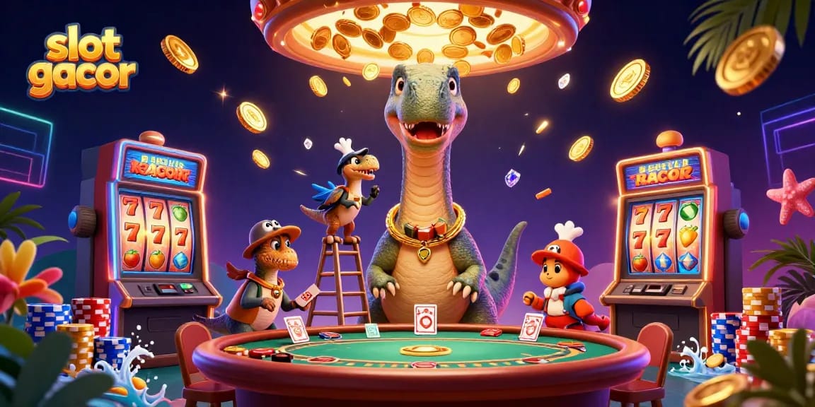 Engage with slot gacor excitement as a brontosaurus tower above a lively casino scene surrounded by winnings.