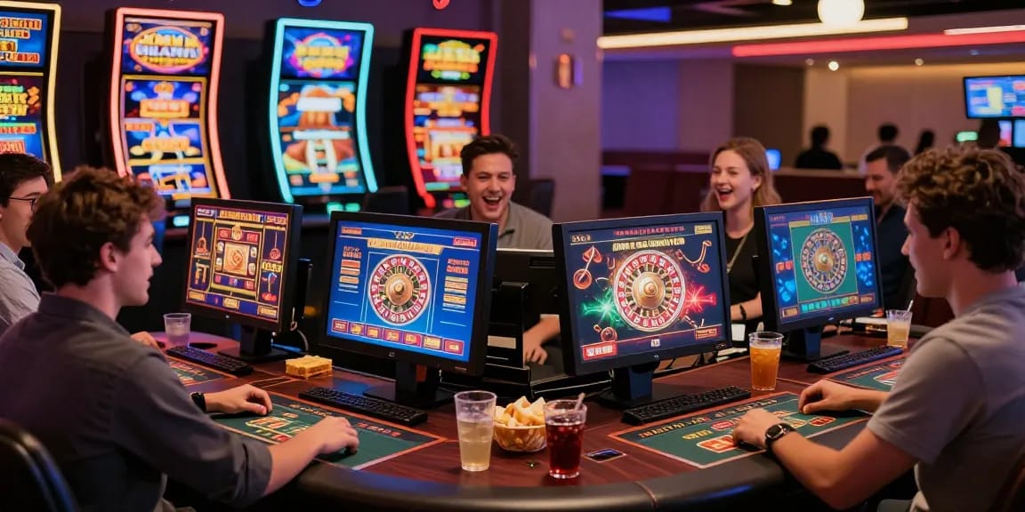 Exciting online gaming scene with players enjoying casinos that accept credit card payments, showcasing vibrant games and social interaction.