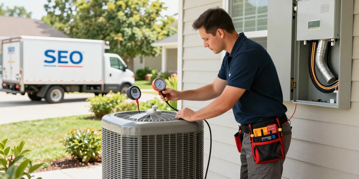 Expert technician representing an HVAC SEO company, inspecting heating systems with tools in a professional setting.