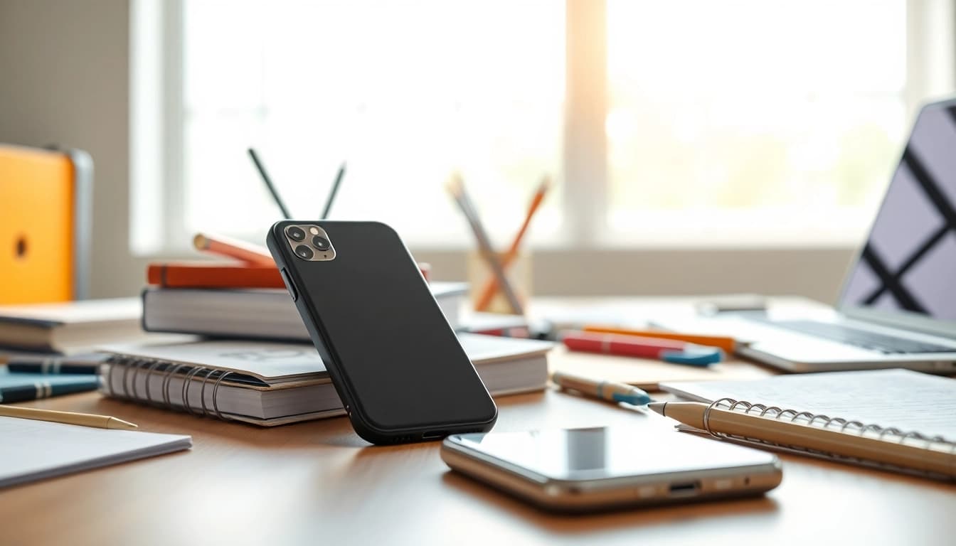 Handytasche Lehrer auf einem Schreibtisch mit Schulmaterialien, die Qualität betont.