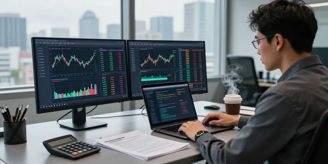 Forensic analyst using technology to recover stolen cryptocurrency in an office environment.