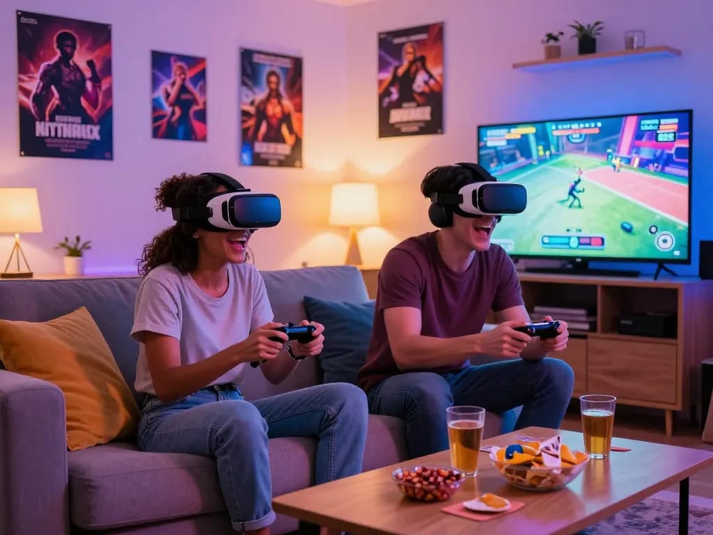 Play porn games with a couple enjoying VR in a cozy living room.