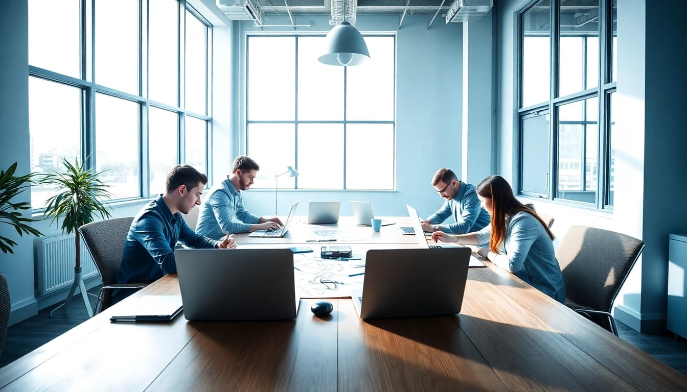 Team of Website Designers Hereford creating innovative web solutions in a vibrant office.