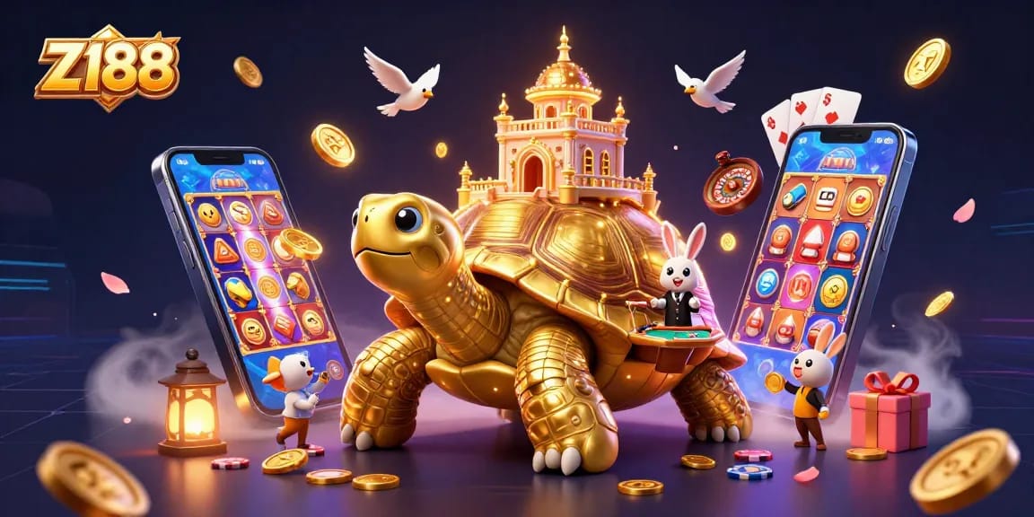 Immerse in the Z188 casino experience with a golden tortoise hosting games amidst flying golden coins.
