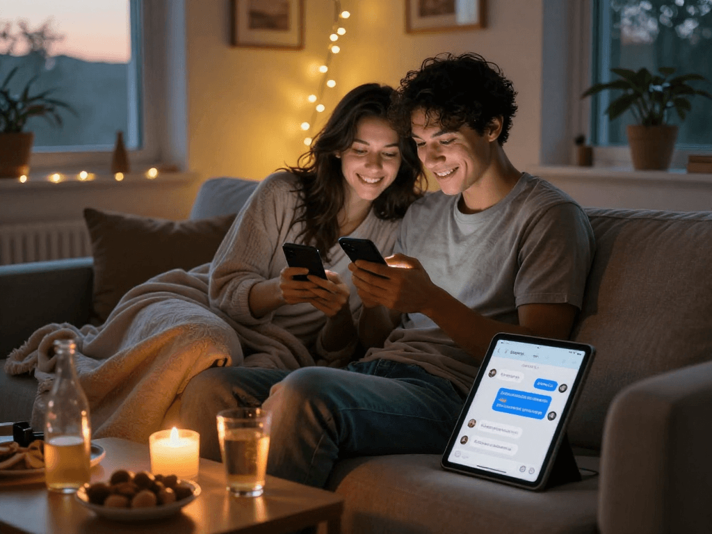 Couple enjoying sexting ai in a cozy home setting with warm candlelight.