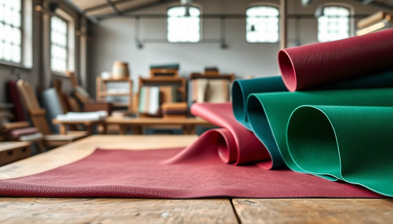 Bekijk kunst leer stoffen in verschillende kleuren, prachtig gepresenteerd op een rustieke tafel.