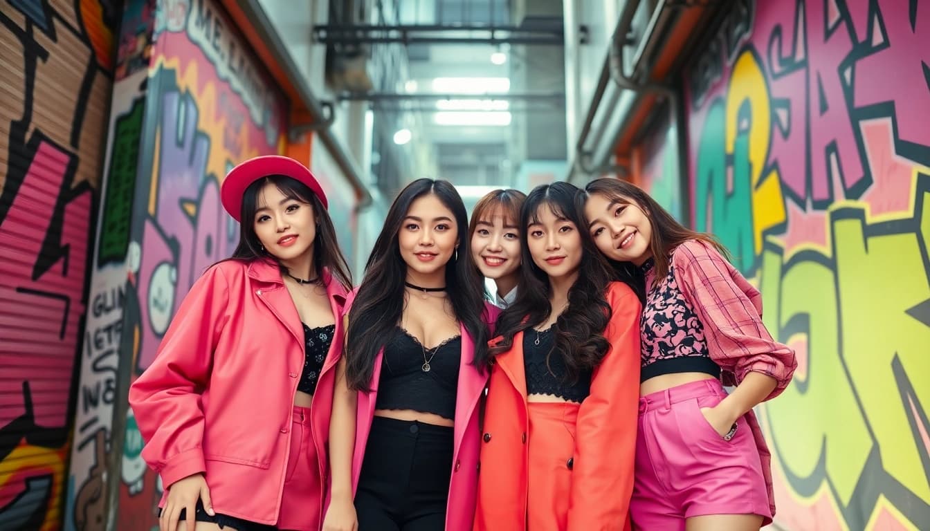 A vibrant view of BLACKPINK members celebrating their diverse styles and talents in a lively urban space.