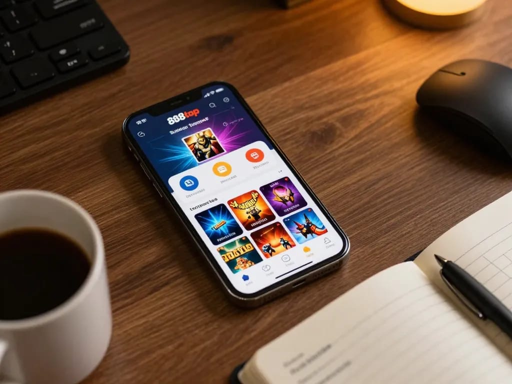 Person engaging with 888top trang chủ app for online gambling, showcasing mobile betting features and a cozy home atmosphere