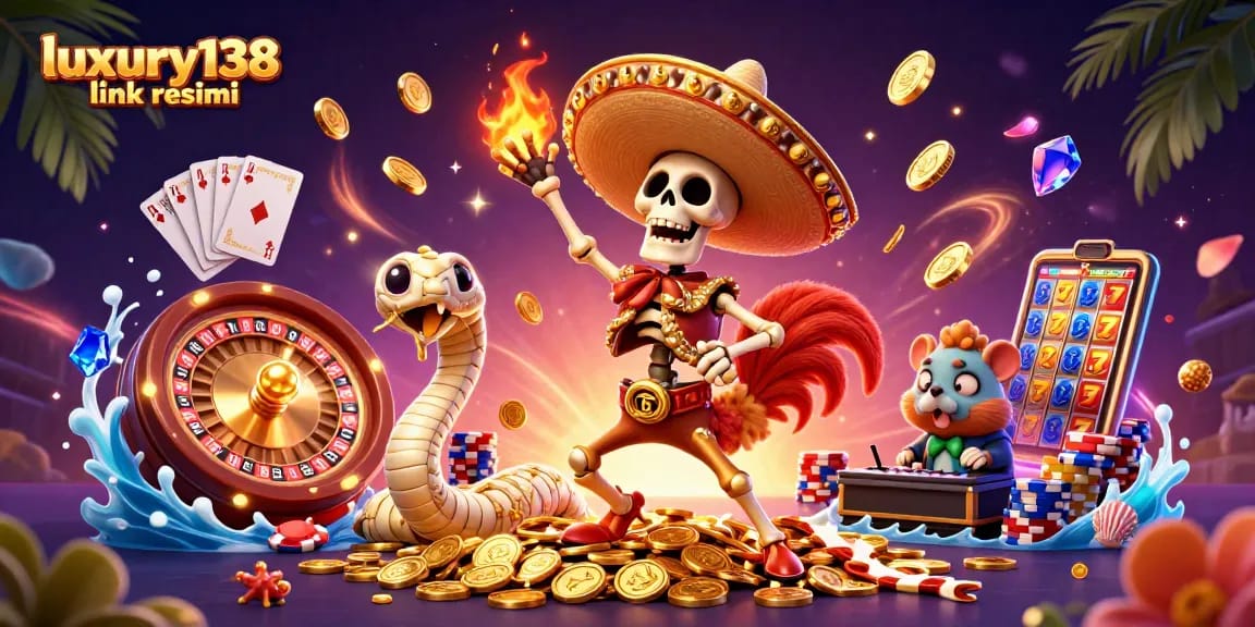 Spin big with luxury138 link resmi, showcasing an exciting casino scene filled with vibrant characters and dynamic gaming elements.