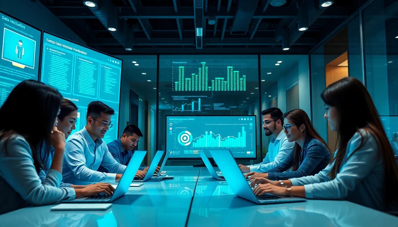 Contact data verification process in a modern office setting with diverse professionals using technology.