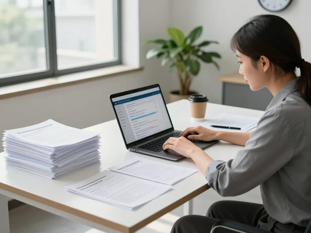University Document Collection & Correction Procedures in a professional office setting, with certificates and documents on display.