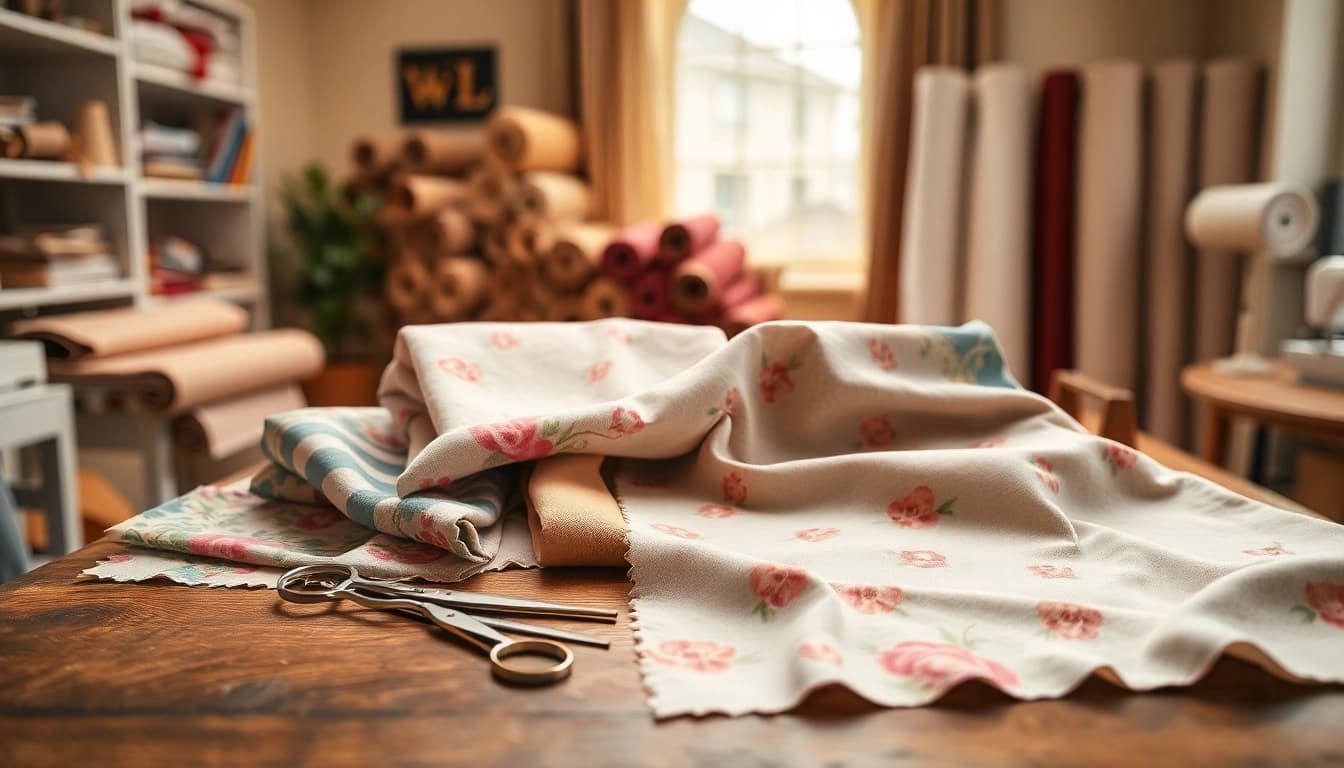 Vibrant stof voor blouse op een elegante naai tafel, vol met accessoires.