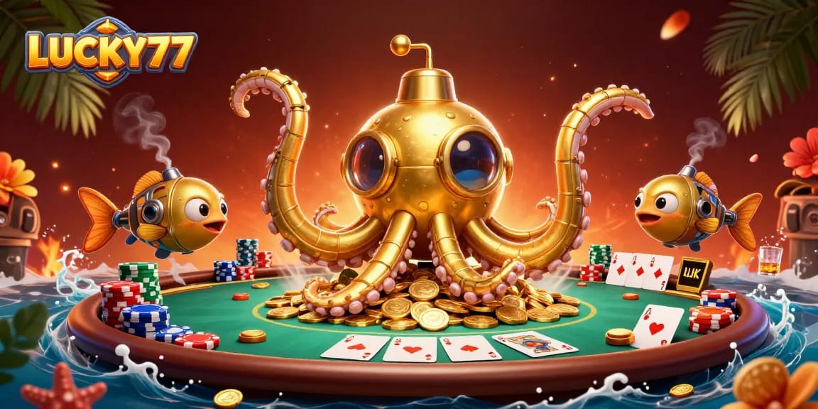 LUCKY77 invites players to engage with a dynamic poker scene featuring a golden kraken and mechanical fish.