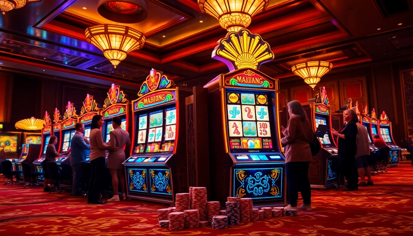 Para pemain menikmati pengalaman slot demo Mahjong yang mendebarkan di kasino mewah.