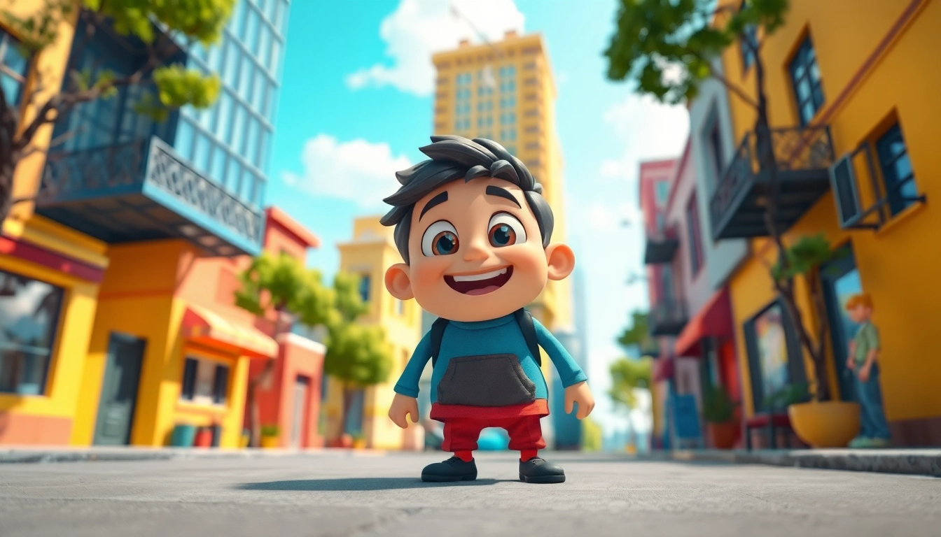2D Animation eines lebhaften Cartoon-Charakters, der in einer urbanen Umgebung interagiert.