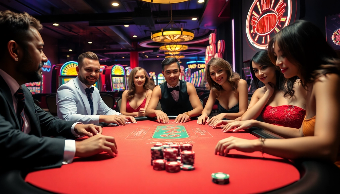Situs toto: A vibrant casino scene with players engaged in poker, showcasing excitement and high stakes.