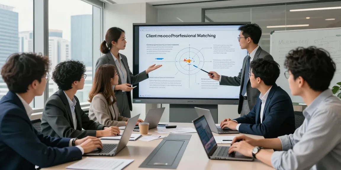 Collaboration scene showcasing professionals using sifu24.com.hk for client-to-professional matching in a vibrant Hong Kong office.