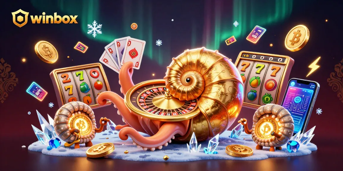Winbox casino illustration with a nautilus roulette wheel, slot reels, and glowing crypto coins