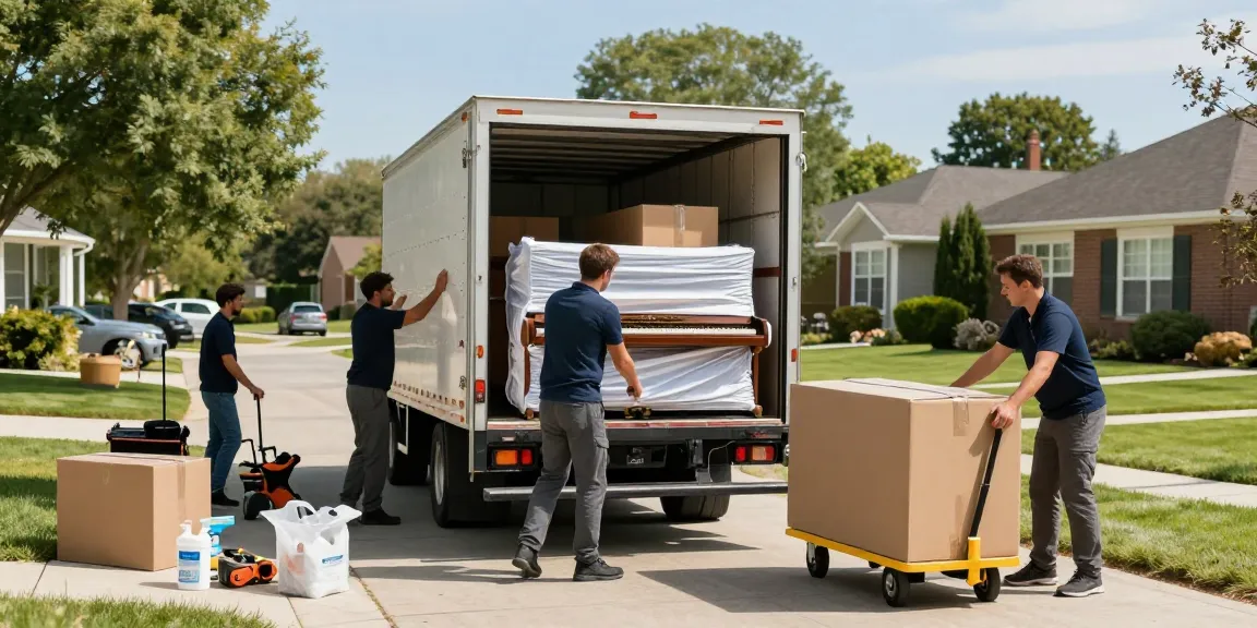 men on mission movers skillfully loading a truck with secured furniture.
