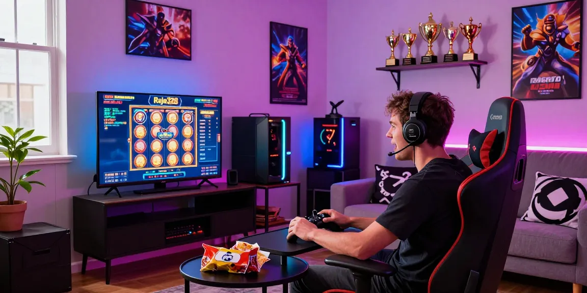 Excited gamer enjoying Raja328 link games in a colorful living room.
