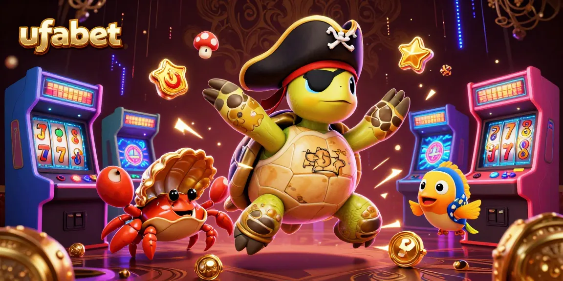 Engage with ufabet's colorful 3D pirate turtle illustration amidst vibrant gaming elements in a rich casino setting.