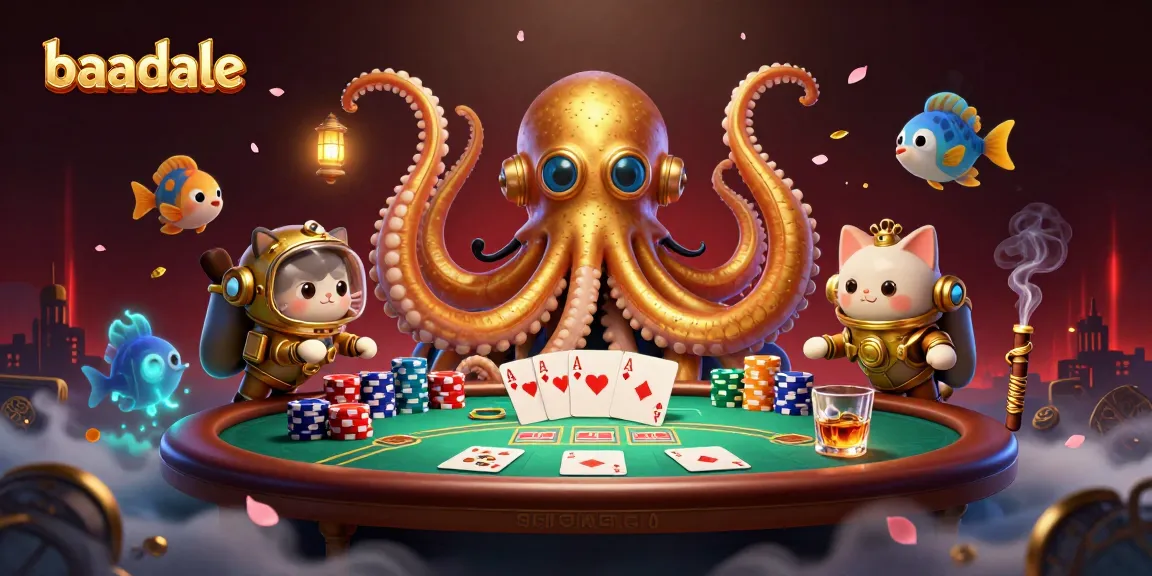 Engage in thrilling gambling action with Baadale's kraken and diving cat amidst poker legends.