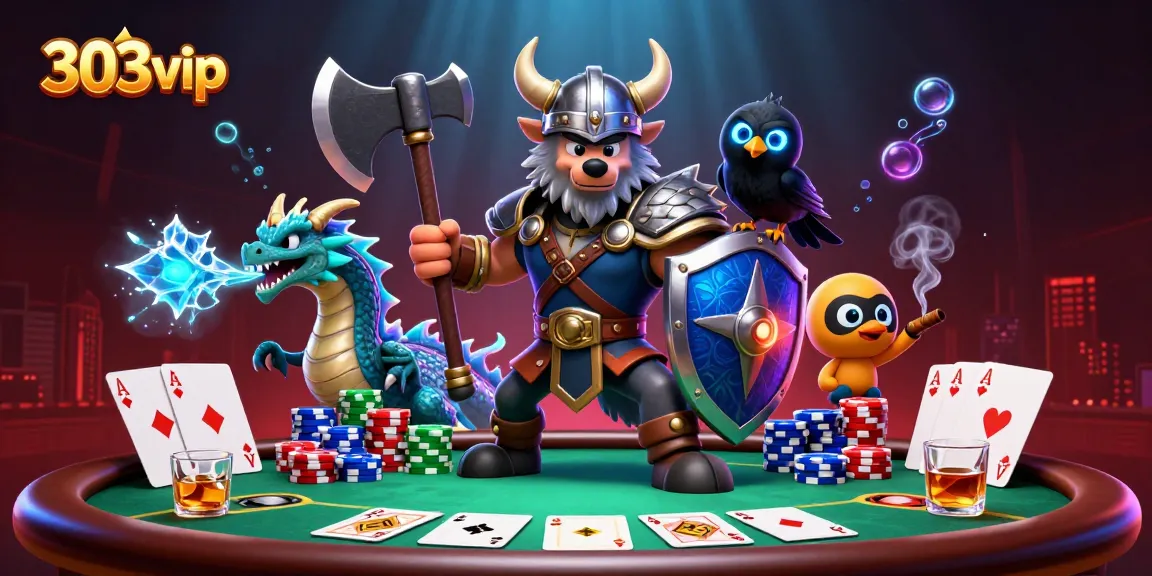 Engage with 303vip's exciting poker world alongside a heroic Viking wolf warrior and dragon.
