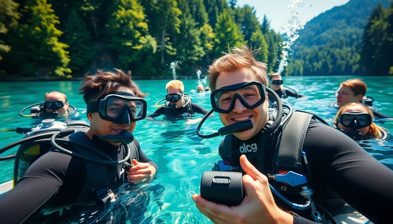 SSI Open Water Diver Kurs mit Tauchschülern in einem klaren See, die unter Wasser trainieren.