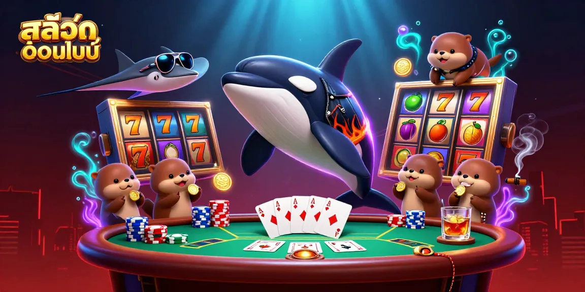 Experience the thrill of สล็อตออนไลน์ with an orca whale and sea creatures in a vibrant casino scene.