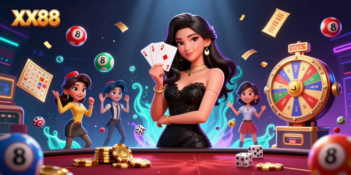 Experience thrilling gameplay with XX88's vibrant casino atmosphere featuring lottery elements and card games.