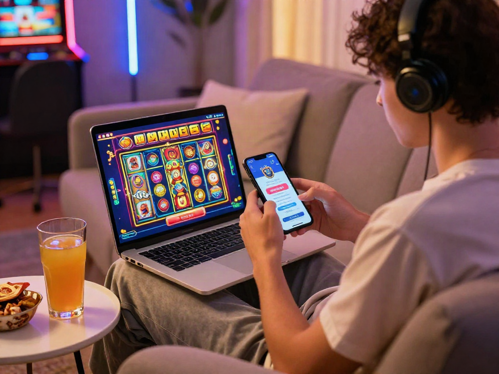 Menampilkan suasana bermain LUXURY111 Link Alternatif di ruang santai dengan permainan slot berwarna-warni.