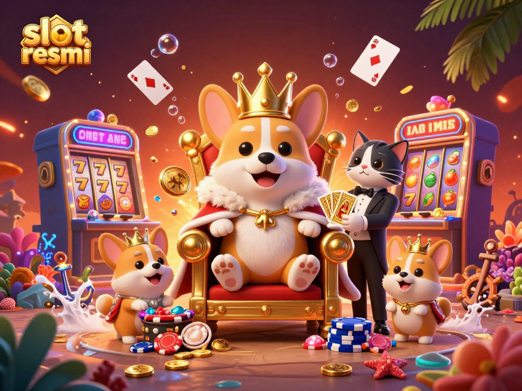 Engage with slot resmi through vibrant 3D casino illustration featuring royal corgi and treasure-filled gaming elements.