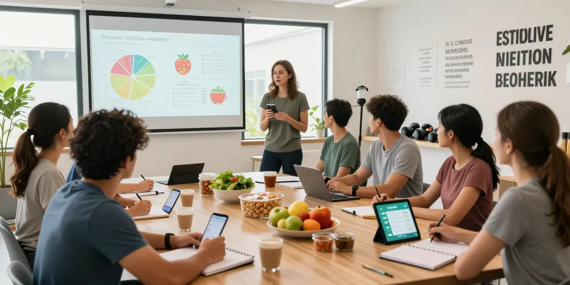 Interactive nutrition workshop illustrating the best nutrition tracking app's features, with participants and vibrant infographics.
