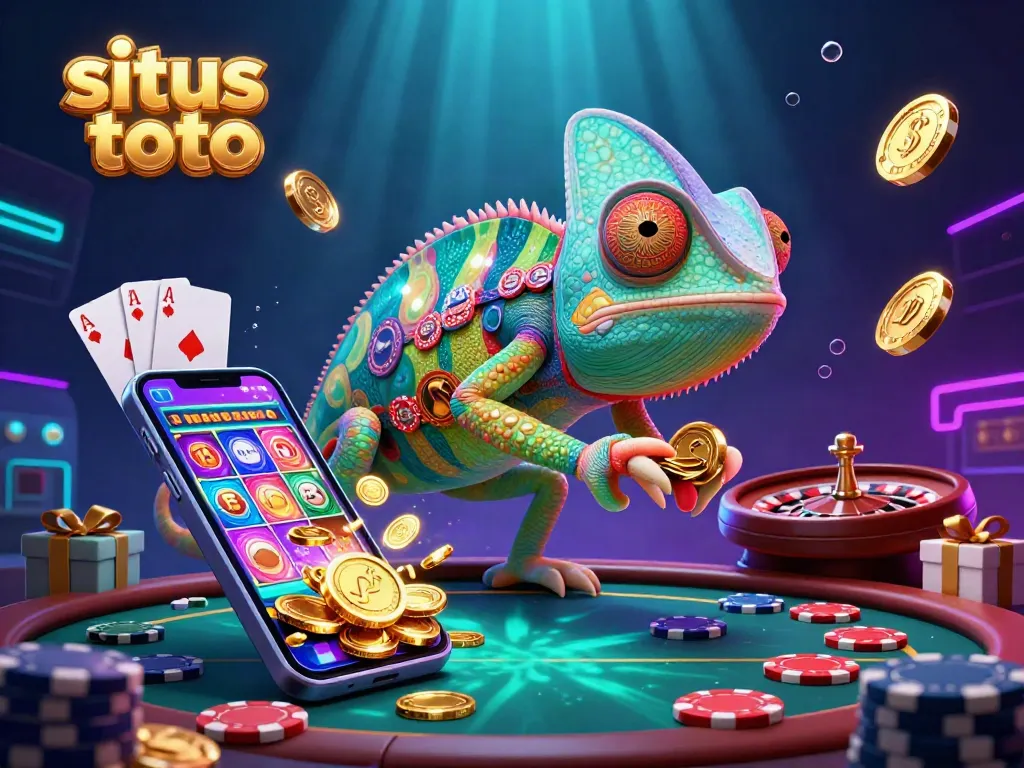 Engage in situs toto gaming with a vibrant casino scene, featuring a chameleon owner and exciting game elements.