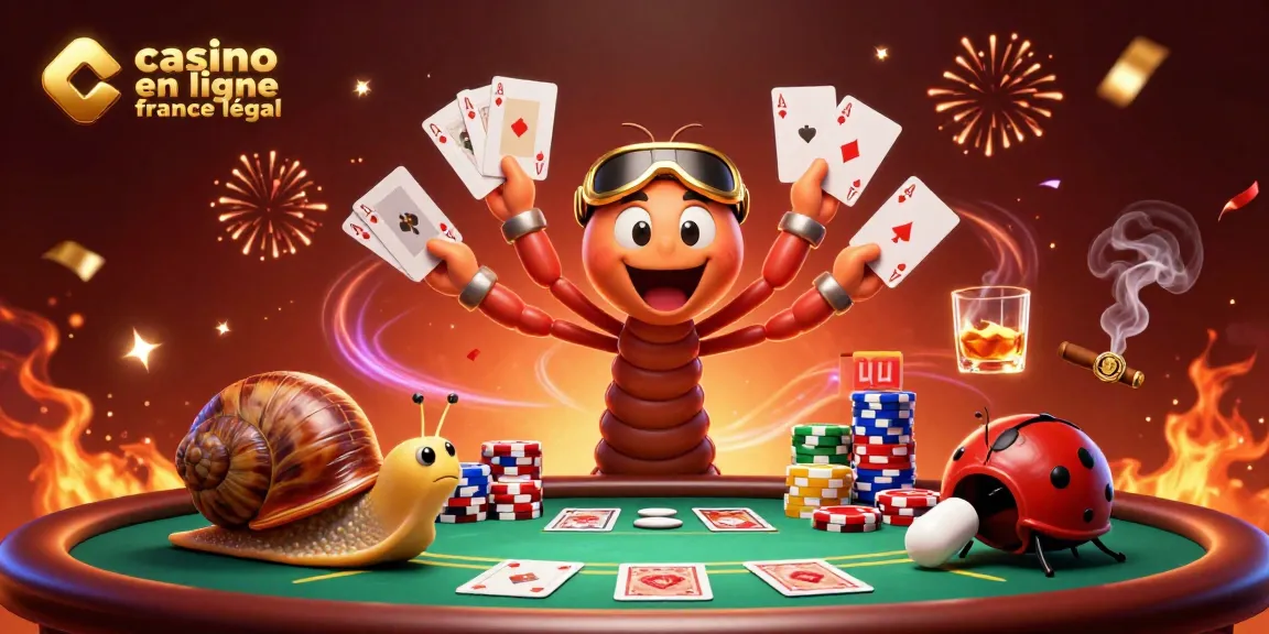 Illustration d'un casino en ligne légal en France avec un distributeur de cartes et des joueurs, ambiance festive.
