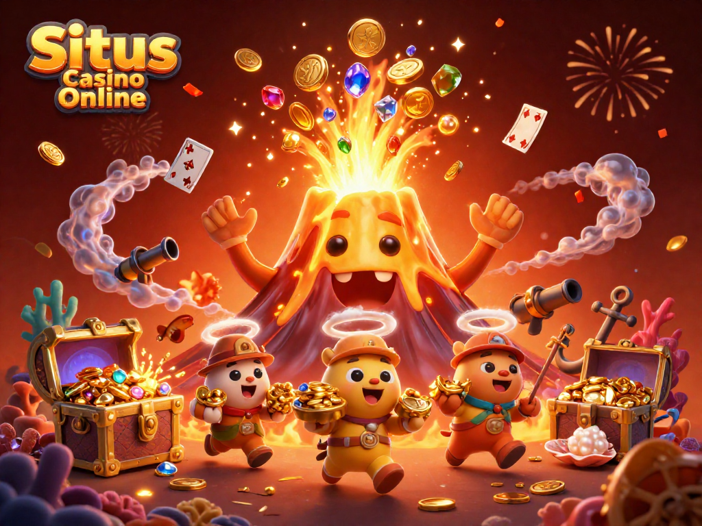 Situs Casino Online showcases a triumphant golden volcano erupting coins and gems, embodying thrilling gaming action.