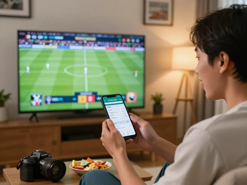 Bola Online betting action as a person engages with mobile app during live sports viewing.