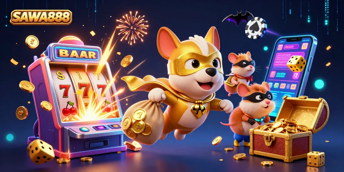 Experience exciting gameplay at SAWA888 with a vibrant 3D illustration featuring a superhero dog and gaming elements.